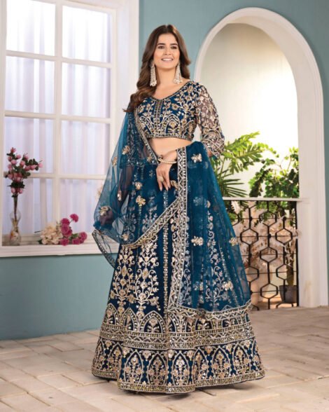 Buy women dresses online in Qatar – Premium Net Embroidery Lehenga front view