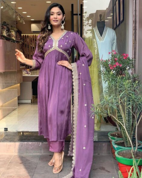 Buy Indian shalwar in Qatar – Premium Chinon silk embroidered party gown Qatar
