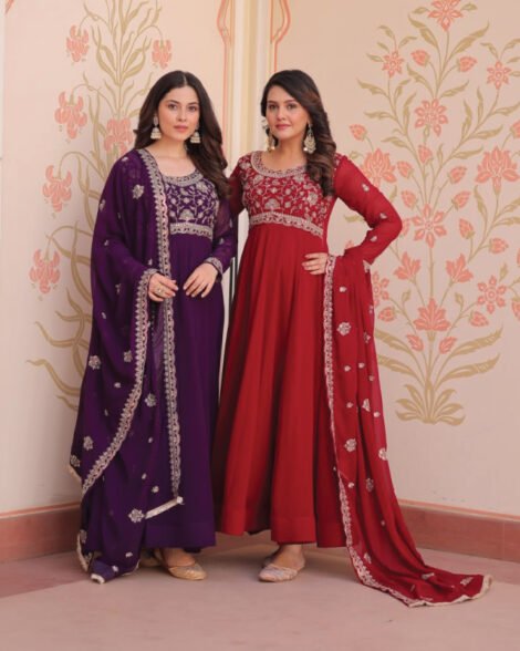 Buy Indian shalwar in Qatar – Elegant faux blooming embroidered gown festive set